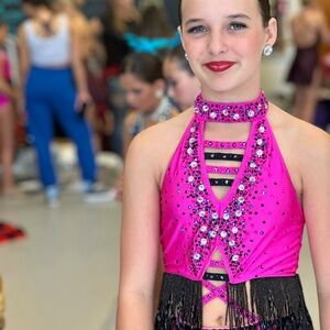 Glamour Pink and Black Dance Costume with Fringe